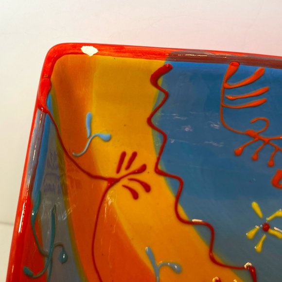 Colourful Square Ceramic Bowl Hand Painted Mexican Flare *read* - Picture 5 of 5